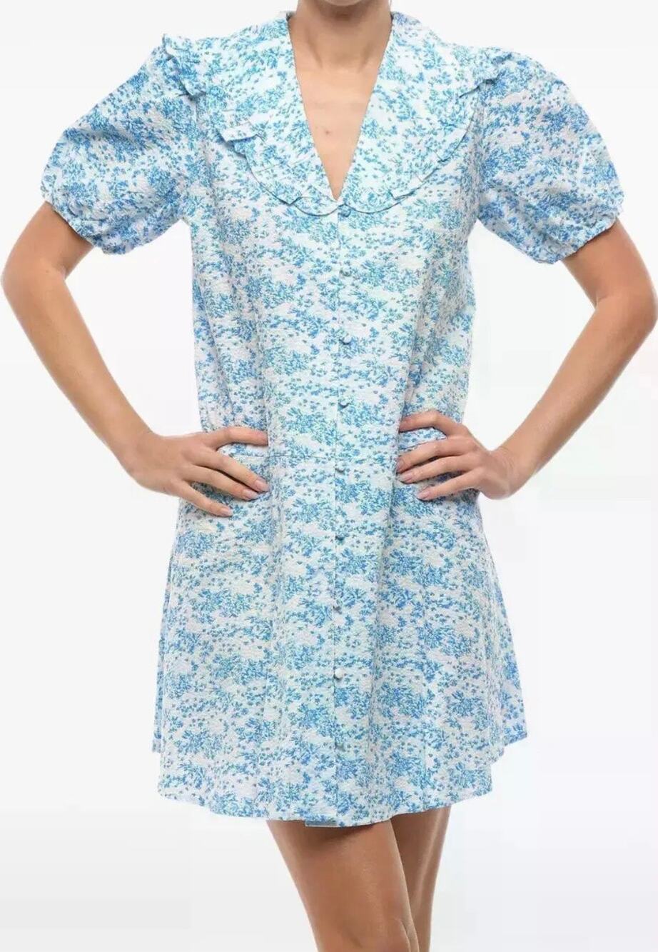 Samsoe Samsoe Jytta Blue White Floral Print Ruffled Bib Collar Puff Mini Dress L